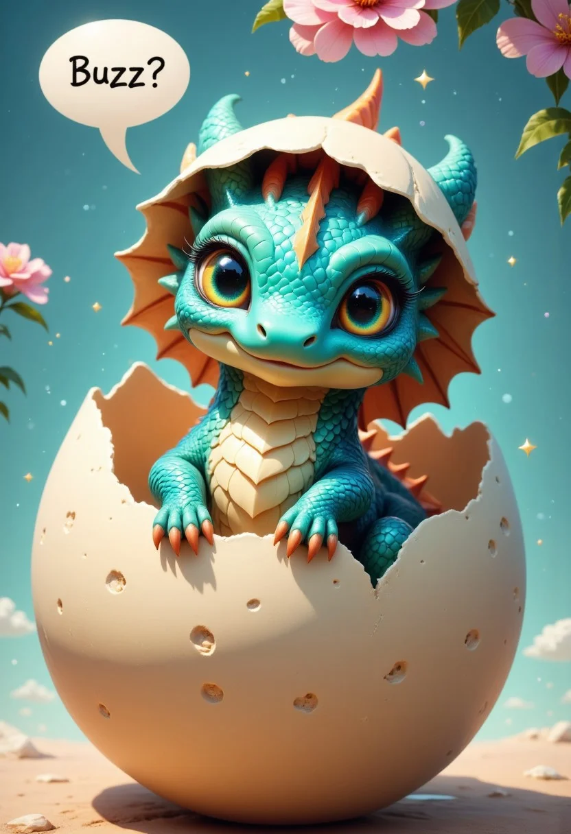 The picture captures the moment when a chibi dragon hatches from an egg, the head looks out of the top of the egg, the shell is on his head, the dragon looks super cute at the viewer, above him is a speech bubble with the inscription "Buzz?", cuteness overload, its scales have rainbow colors, the dragon stretches its arms out to the viewer