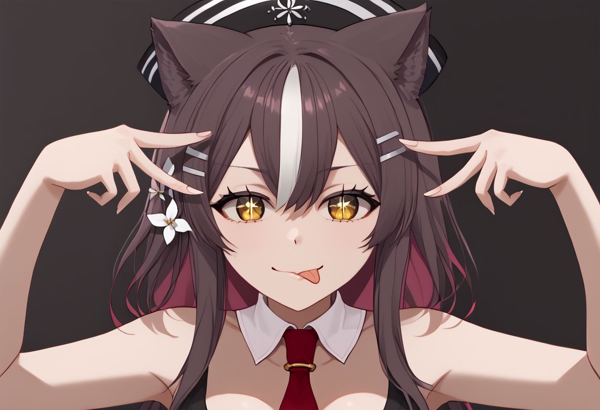 1girl, solo, close up, aihoshinopose, double v, tongue out, chisaka1st, hairclip, hair flower, hat, red necktie, necktie between breasts, detached collar, cleavage, black dress, sleeveless