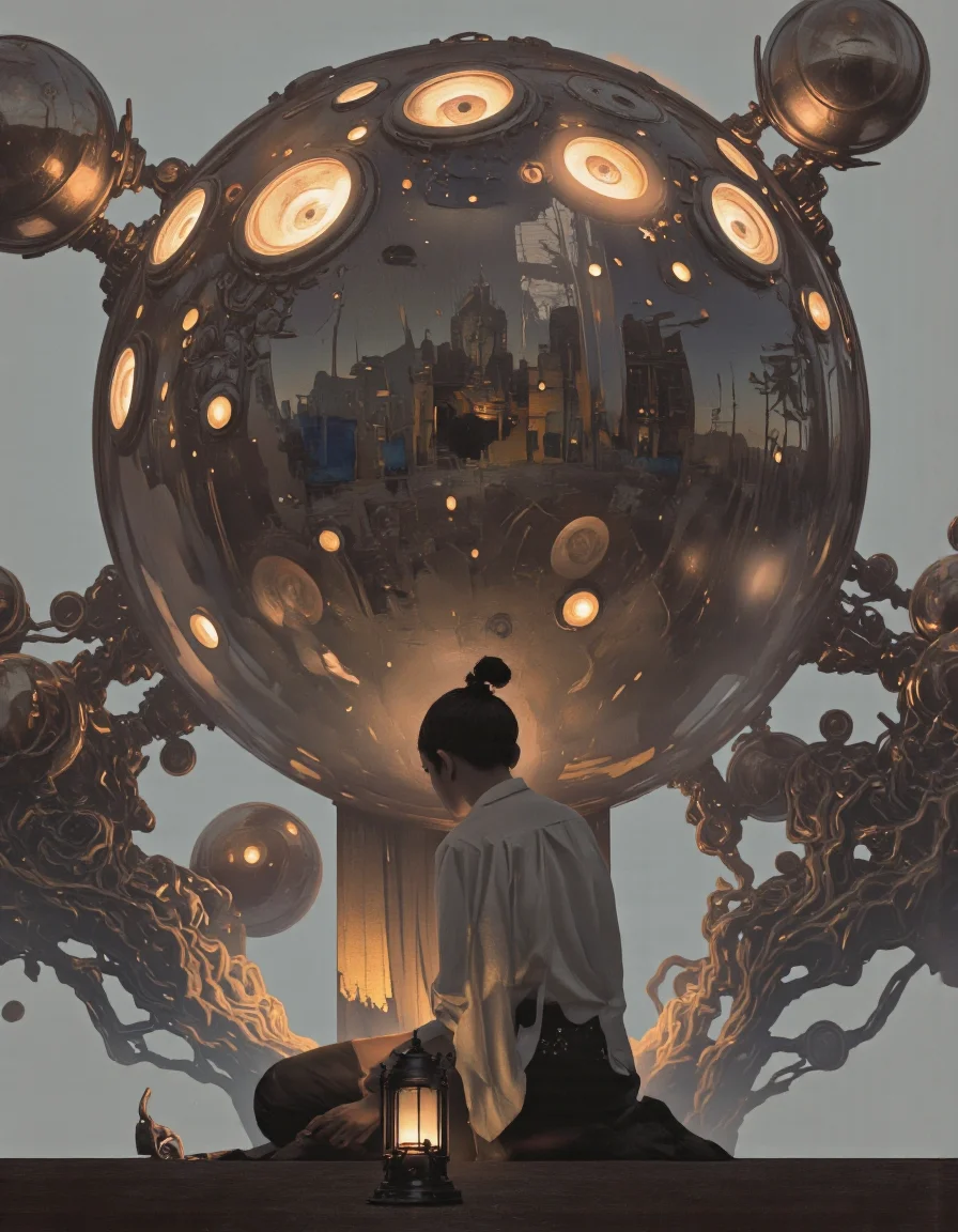 Art par Alexey Egorov. Une illustration numérique tire d'un point de vue à faible angle sur une silhouette d'une personne debout devant une grande sphère ornée avec de grands yeux brillants, entourés de sphères métalliques plus petites. La scène se déroule sur un fond clair et de couleur claire avec un dégradé subtil. Au milieu de l'image, une jeune femme, qui semble être au début de la vingtaine, se tient debout au spectateur, portant une chemise blanche et un pantalon noir, et ses cheveux sont attachés en chignon. Elle fait face au spectateur et ses yeux sont visibles à travers le verre transparent, donnant un sentiment de profondeur et de dimension à l'image. La femme tient une petite lanterne à la main, jetant une lueur chaude sur la scène. De chaque côté de la femme, il y a des globes métalliques plus petits qui reflètent la lumière, créant une atmosphère surréaliste et onirique. L'effet global est celui de la grandeur et du mystère, en mettant l'accent sur l'expression contemplative de la femme et les détails complexes des sphères.