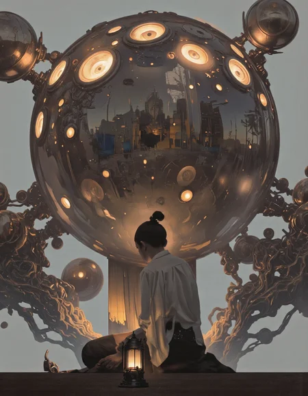 Art par Alexey Egorov. Une illustration numérique tire d'un point de vue à faible angle sur une silhouette d'une personne debout devant une grande sphère ornée avec de grands yeux brillants, entourés de sphères métalliques plus petites. La scène se déroule sur un fond clair et de couleur claire avec un dégradé subtil. Au milieu de l'image, une jeune femme, qui semble être au début de la vingtaine, se tient debout au spectateur, portant une chemise blanche et un pantalon noir, et ses cheveux sont attachés en chignon. Elle fait face au spectateur et ses yeux sont visibles à travers le verre transparent, donnant un sentiment de profondeur et de dimension à l'image. La femme tient une petite lanterne à la main, jetant une lueur chaude sur la scène. De chaque côté de la femme, il y a des globes métalliques plus petits qui reflètent la lumière, créant une atmosphère surréaliste et onirique. L'effet global est celui de la grandeur et du mystère, en mettant l'accent sur l'expression contemplative de la femme et les détails complexes des sphères.