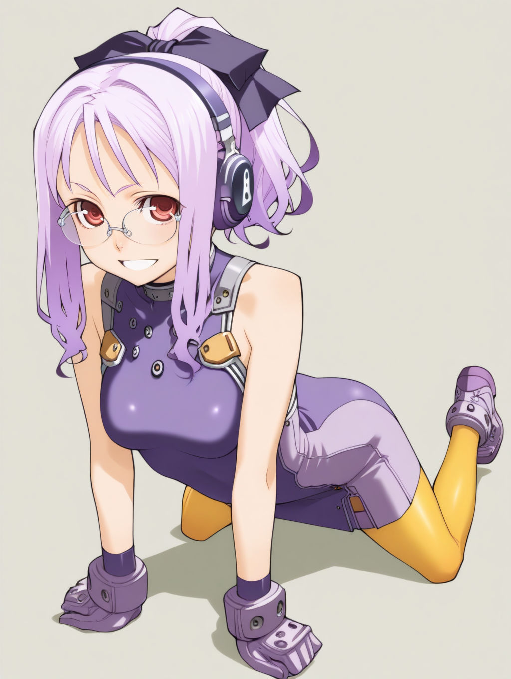 perfect quality,best quality,absolutely eye-catching,ambient occlusion,raytracing BREAK
1girl,<lora:SO4weruti IL v1.1:1>,SO4weruti,purple hair,ponytail,headphones,ribbon,glasses,red eyes,purple dress,sleeveless,gloves,yellow pantyhose,shoes,solo,, from_outside,upper_body,prone_bone,hand_gesture,arms_at_sides,straddling,