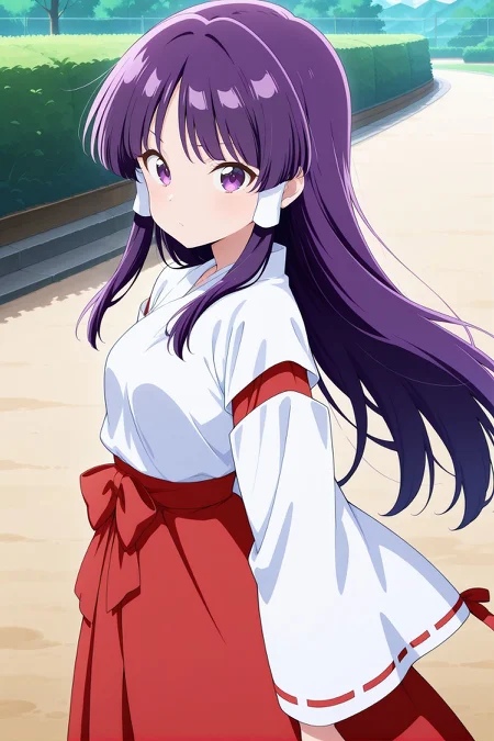 absurdres, highres, masterpiece, best quality, amazing quality, official anime artwork, screencap, anime screencap, outdoors, looking at viewer, dynamic pose, standing,
<lora:Reimu-Hakurei-PC98_Illustrious:1> Reimu98, 1girl, solo, purple eyes, purple hair hair, long hair, sidelocks, small breasts,, white shirt, attached ribbon-trimmed sleeves, red skirt, long skirt,