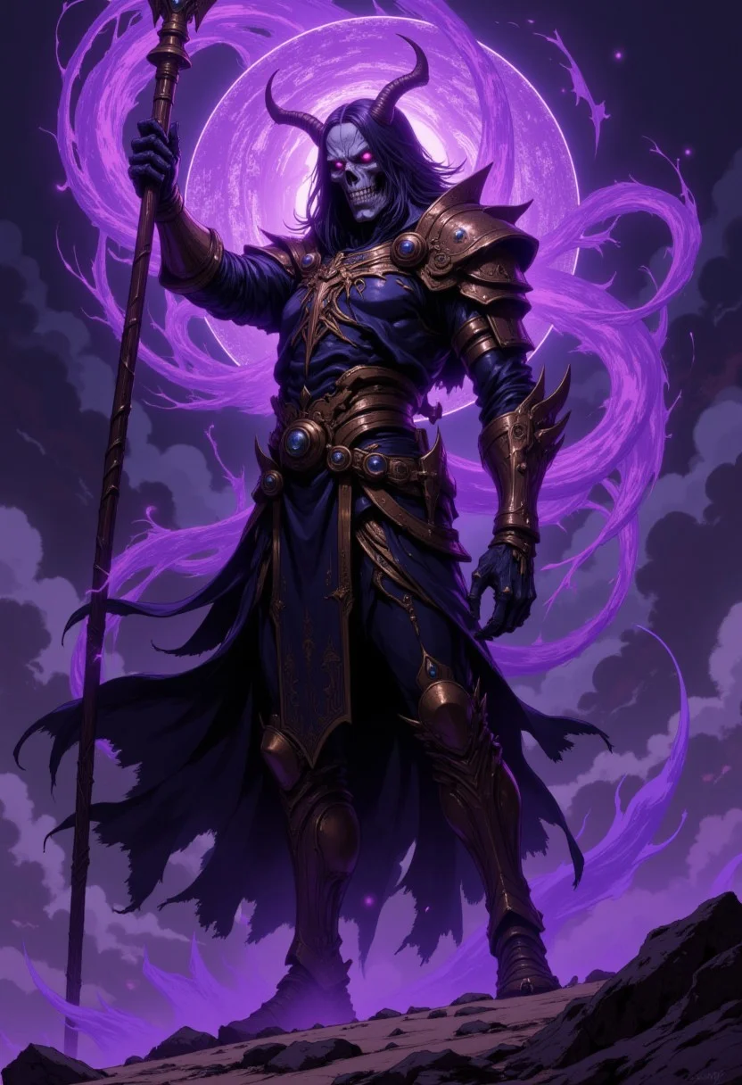 Dark, ethereal figure, necromancer style, wielding staff, casting purple magic, detailed armor, gothic fantasy, fantasy illustration, mythic creature, ancient sorcerer, ornate robe, gold and bronze metallic textures, skeletal, visually striking, powerful aura, dramatic lighting, character portrait, purple and muted tones, epic fantasy art, detailed sculpting, grim and mysterious mood, misty environment, magic, fantasy, high detail, stylized illustration, digital painting, dark fantasy, fantasy art, large format.