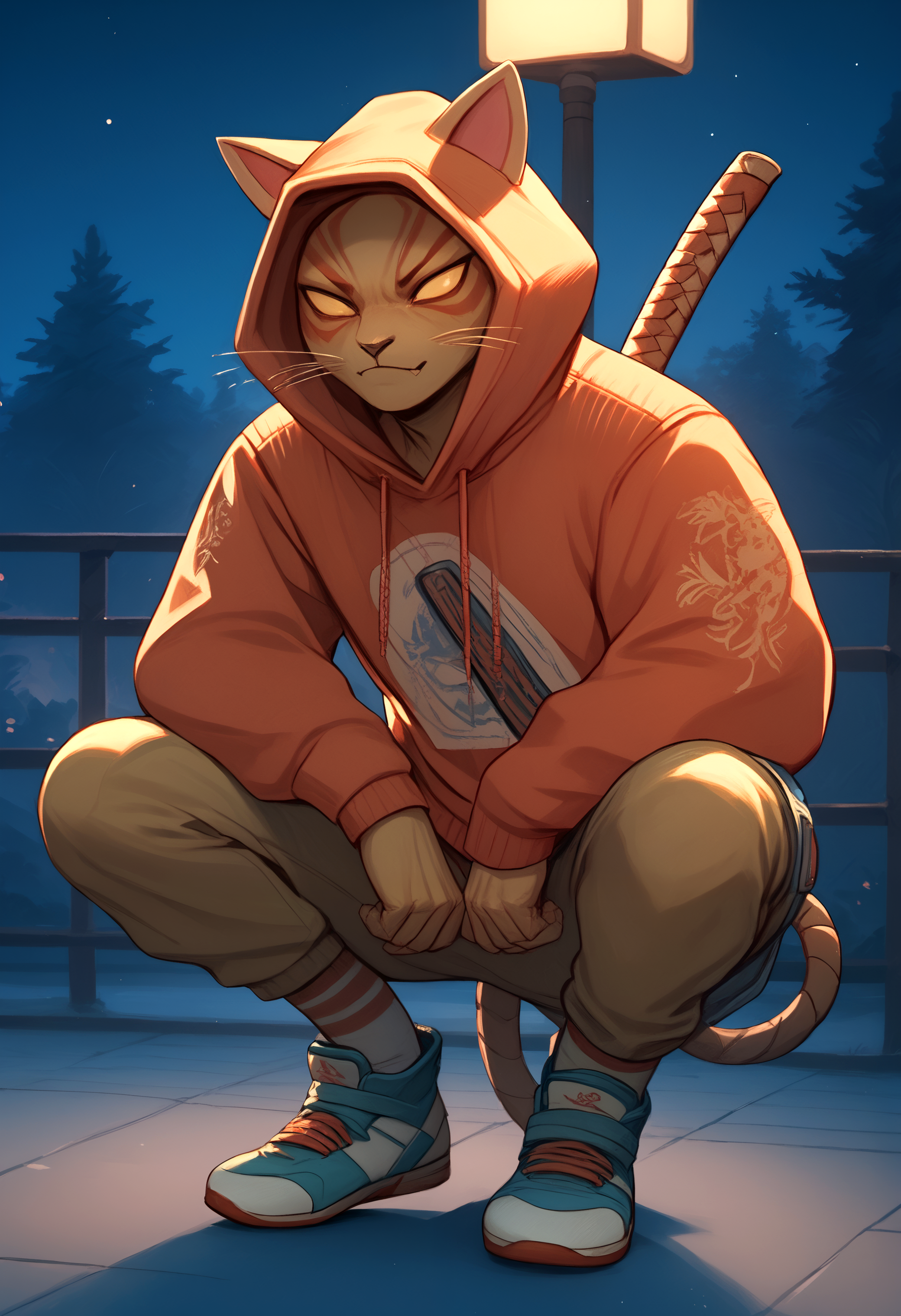 score_9, score_8_up, score_7_up, 1boy, solo,  <lora:NyanjaPony-000003>, Nyanja, 1boy, fanny pack, hood up, hooded sweater, katana, pants, shoes, socks, night, crouching,