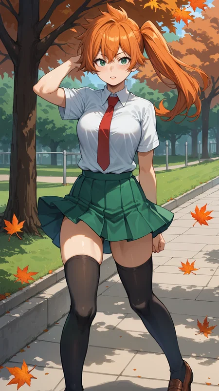 score_9,score_8_up,score_7_up,score_6_up, <lora:xl_more_art-full_v1:0.5>, source_anime, girl, dynamic pose, one arm behind her back, <lora:Itsuka Kendo (Battle Fist) - Pony-000004:0.8>, long hair, orange hair, side ponytail, green eyes, school uniform, red necktie, green skirt, pleated skirt, black thighhighs, park, autumn leaves, wind,