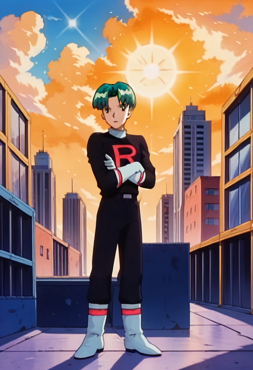 uncensored, score_9__up, score_9, score_8_up, score_8, score_7_up, score_7, score_6_up, score_6, score_5_up, source_anime, anime screencap, retro artsyle, 1990s (style),
PKMNButch, 1boy, Green Hair, brown eyes, short hair, bangs,
team rocket, black shirt, white gloves, black pants, white boots, standing, arms crossed
outdoor, sky, clouds, sun's ray, sun, day, harsh sunlight, cityscape, trees, lamp post, buildings