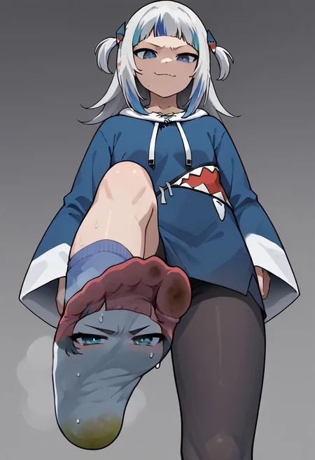 score_9, score_8_up, score_7_up, source_anime, ggdef, shark girl, blue eyes, blue hair, grey hair, multicolored hair, streaked hair, blunt bangs, two side up, shark hair ornament, long sleeves, wide sleeves, sleeves past wrists, drawstring, blues socks, dirty socks, sweat, cloe-up, smug, looking at viewer, closed mouth, from below, pov<lora:GawrGuraPonyXLv6-20:1> 1 leg up, sole showing, living sock, sock have eyes on sole, detailed eyes on sole, from below view