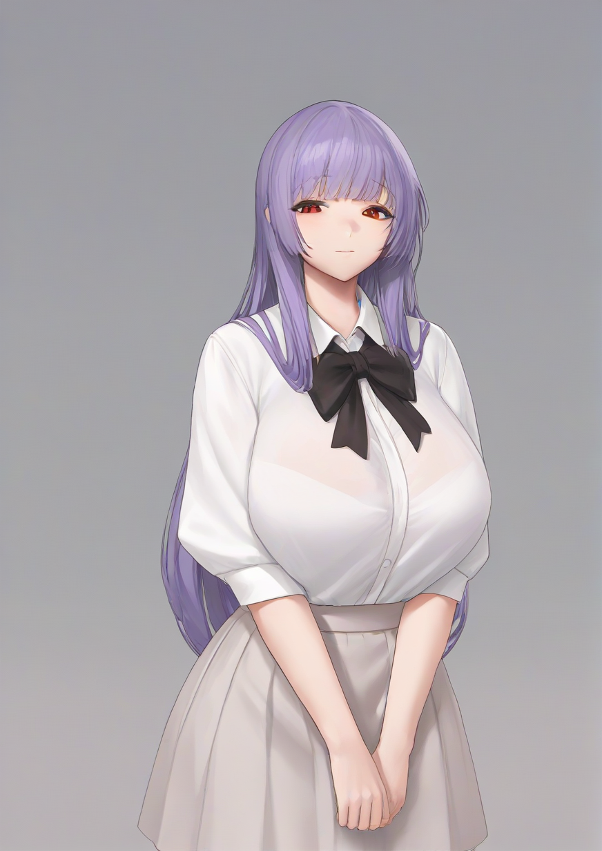 1girl, furude rika, huge breast, aged up, blouse, bow, hime cut, long hair, purple hair, red eyes, shirt, skirt, solo, <lora:VekSoo:1>