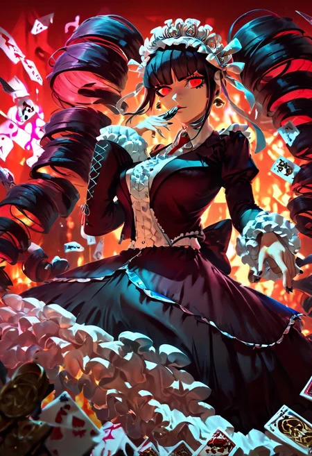 (score_9,score_8_up,score_7_up,score_6_up,score_5_up,score_4_up), 4k,<lora:celestia-ludenberg-s1-ponyxl-lora-nochekaiser:1>,celestia ludenberg,long hair,bangs,black hairred eyes,long sleeves,twintails, drill hair,twin drills,danganronpa_(series),1girl,(slimes_skullwm),skull shaped sclera,(wide hips),thick thighs,curvy,(serious),(casino),(maid dress),(gothic),TV in background,(coins),(flying cards),(jewelry),large breasts,(hand sign),(neon lights),(posing),(print red necktie),holding card,crystal ball,print maid outfit,wooden table,card made of skulls, (masterpiece,best quality),<lora:Pony_QualityV4.0.safetensors:1.0>, (high quality,detailed),<lora:Pony_DetailV2.0.safetensors:1.0>,best shadow,4k,<lora:blood_orange_world_morph_sdxl.safetensors:1.0>