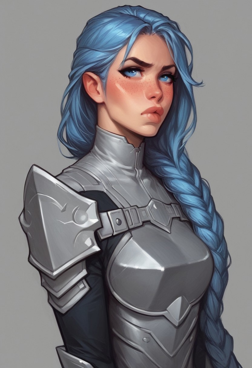 beauty female, mesmerizing, cute-faced, Dimpled, light blue Almond-shaped eyes , Gray/Silver, Long Hair Styles Layers, Fair, Sloppy, Disheveled,  Pout,  Blush,  Determined, Fidgeting, Freckles, futuristic skin tight leather armor, (((full-clothed))), ((long big sword in hands, sword in hands)) 
BREAK 
strange world background score_9, score_8_up, score_7_up, score_6_up, source_cartoon, rating_explicit, Expressiveh, (((((portrait))))), dynamic pose