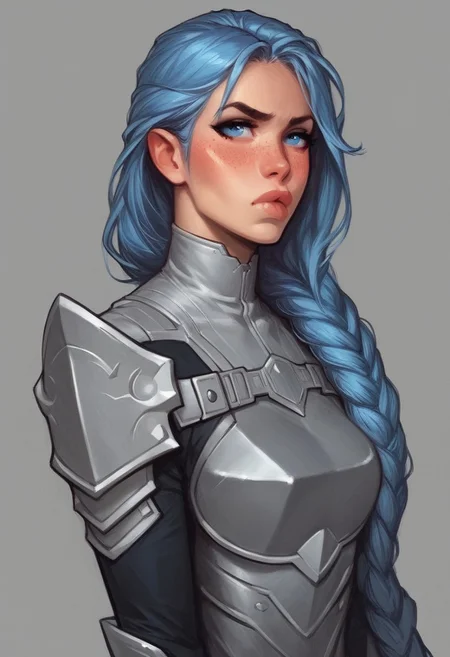 beauty female, mesmerizing, cute-faced, Dimpled, light blue Almond-shaped eyes , Gray/Silver, Long Hair Styles Layers, Fair, Sloppy, Disheveled, Pout, Blush, Determined, Fidgeting, Freckles, futuristic skin tight leather armor, (((full-clothed))), ((long big sword in hands, sword in hands))
BREAK
strange world background score_9, score_8_up, score_7_up, score_6_up, source_cartoon, rating_explicit, Expressiveh, (((((portrait))))), dynamic pose