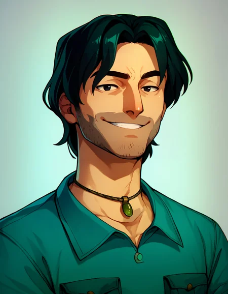 score_9, score_8_up, score_7_up, score_6_up, source_cartoon, 1boy, mature male, chrsmcln, head and shoulders portrait, black hair, black eyes, facial hair, necklace, smirk, aqua shirt, dock background, chromatic aberration, masterpiece, flat color, dramatic <lora:diffusiondudes_ChrisMcLean_Pony_V1-13:0.8>