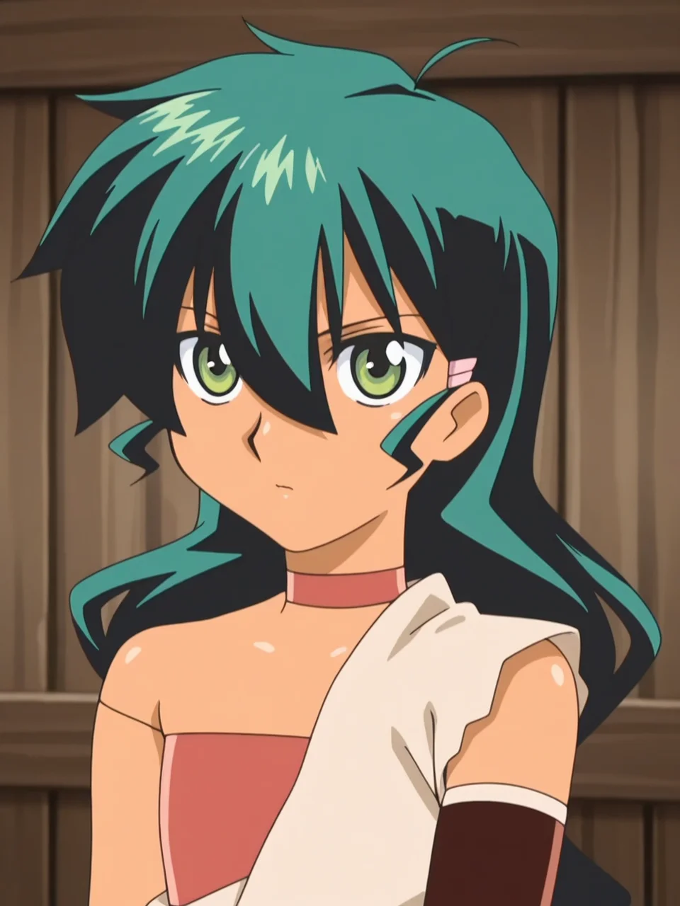 shiny skin, oily skin <lora:deltora_quest_jasmine:1> deltora_quest_jasmine, green hair, black hair, green eyes, hair between eyes, anime coloring, 1990s (style)