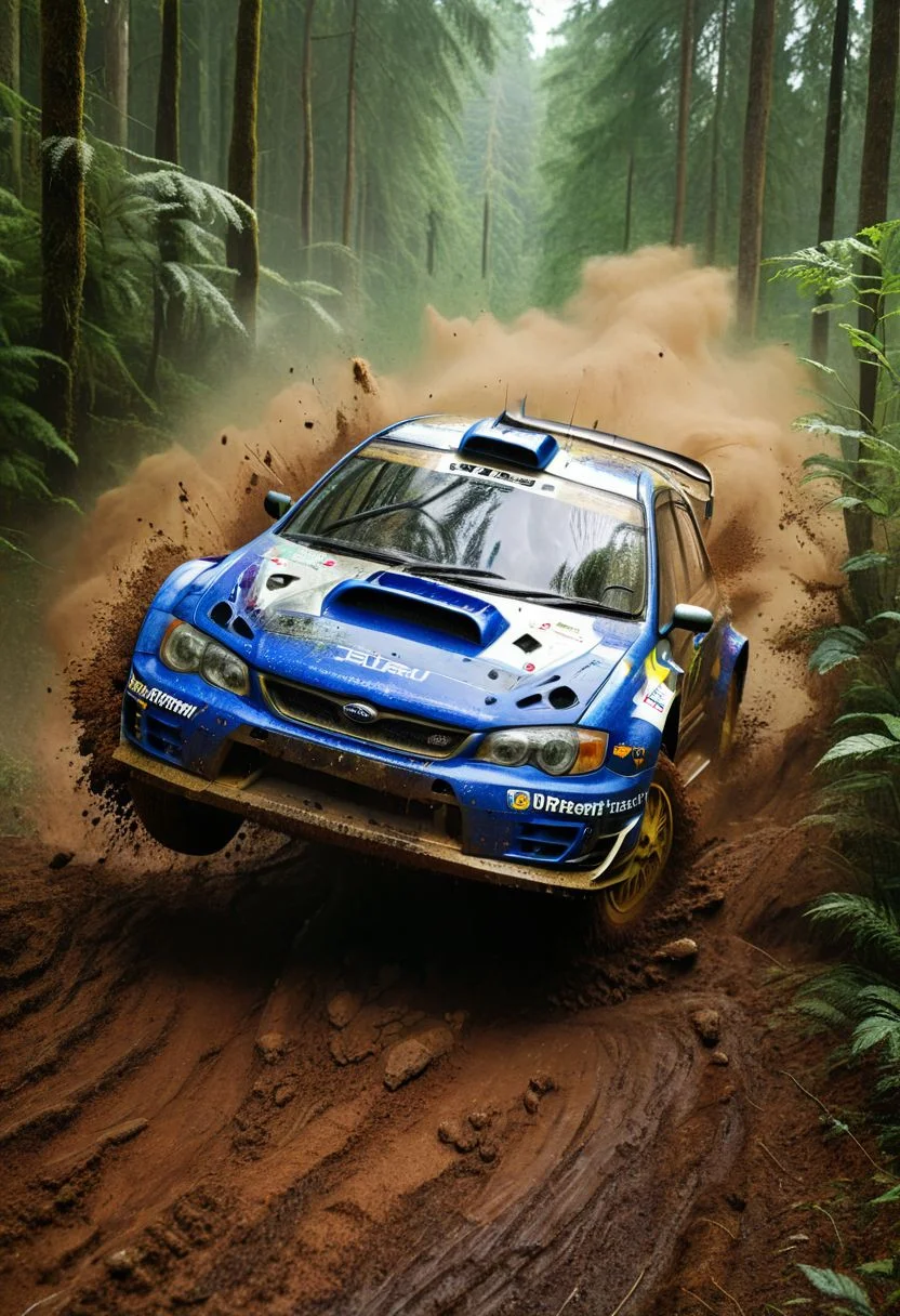 (1 car, 1997 Subaru Impreza WRC redesigned by Peter Stevens), Generate an image of a Subaru Impreza WRC tearing through a dense forest during a rally race, with mud splattering, leaves flying, and the vibrant greenery as the epic backdrop. The car's aggressive styling and the dynamic forest setting should evoke a sense of speed and adrenaline. best quality, realistic, photography, highly detailed, 8K, HDR, photorealism, naturalistic, lifelike, raw photo,H effect,real_booster