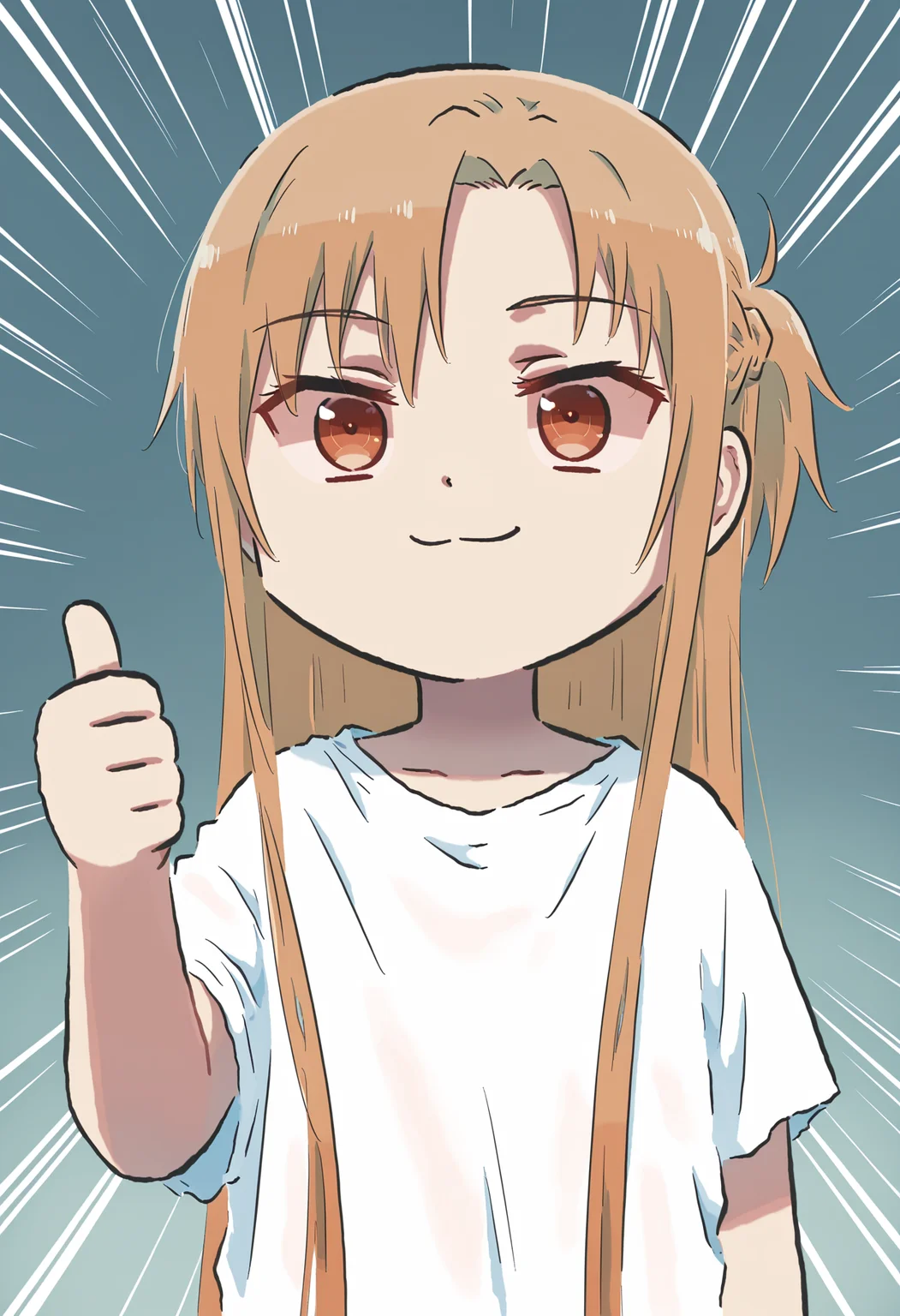 masterpiece,best quality,high resolution,source_anime,highly detailed illustration,
seductive, detailed eyes, very aesthetic,absurdres,newest, amazing quality,
detailed eyes, absurdres,newest, amazing quality,
<lora:shiXinzoroV1ill:1.0>, shixinzoruo, chibi,
1girl, solo,
asuna \(sao\),
emphasis lines, smug, thumbs up