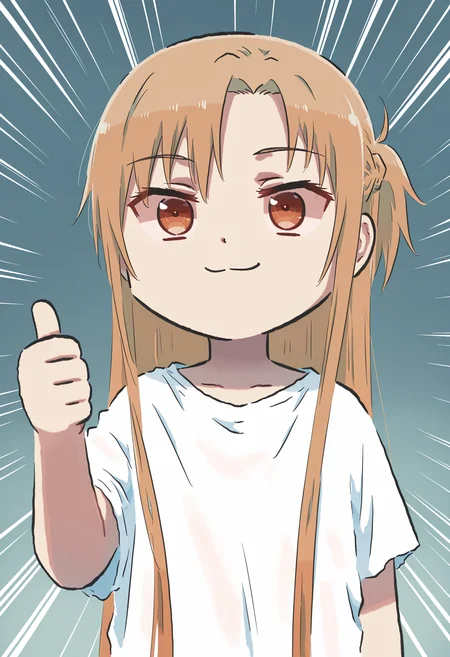 masterpiece,best quality,high resolution,source_anime,highly detailed illustration,
seductive, detailed eyes, very aesthetic,absurdres,newest, amazing quality,
detailed eyes, absurdres,newest, amazing quality,
<lora:shiXinzoroV1ill:1.0>, shixinzoruo, chibi,
1girl, solo,
asuna \(sao\),
emphasis lines, smug, thumbs up