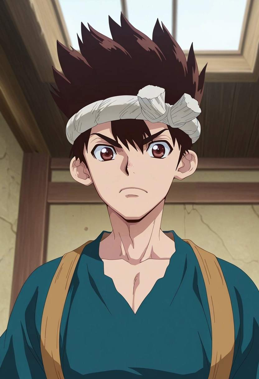 masterpiece, best quality, , anime screencap, anime coloring, official style, looking at viewer, 1boy, solo, male focus, <lora:chrome_dr_stone_ilxl:0.94>, chrome_dr_stone, brown hair, brown eyes, short hair, spiked hair, , ,