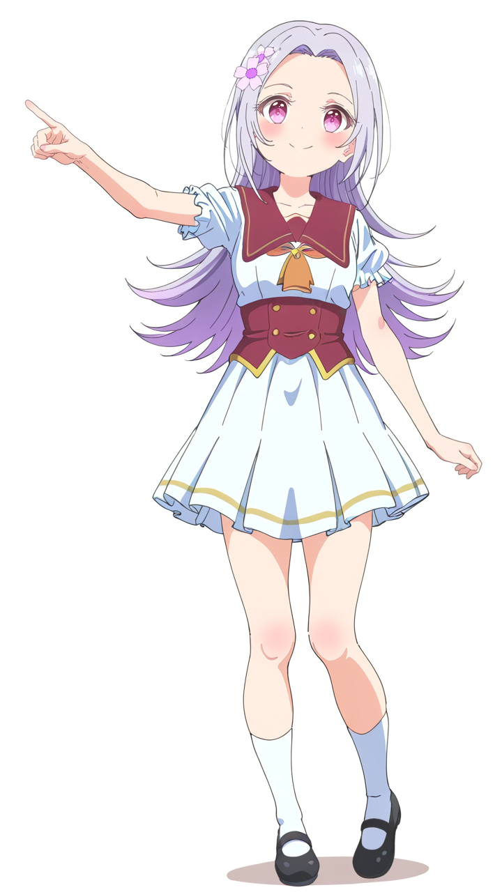 1girl,looking_at_viewer,smile,Nadeshiko,hair ornament,hair flower,skirt,shoes,socks,short sleeves,full body,black footwear,pleated skirt,white socks,puffy short sleeves,puffy sleeves,red sailor collar,mary janes,pointing,white_background,simple background,anime screenshot,sincos,<lora:Nadeshiko_Illustrious_v3:1>,, masterpiece, best quality