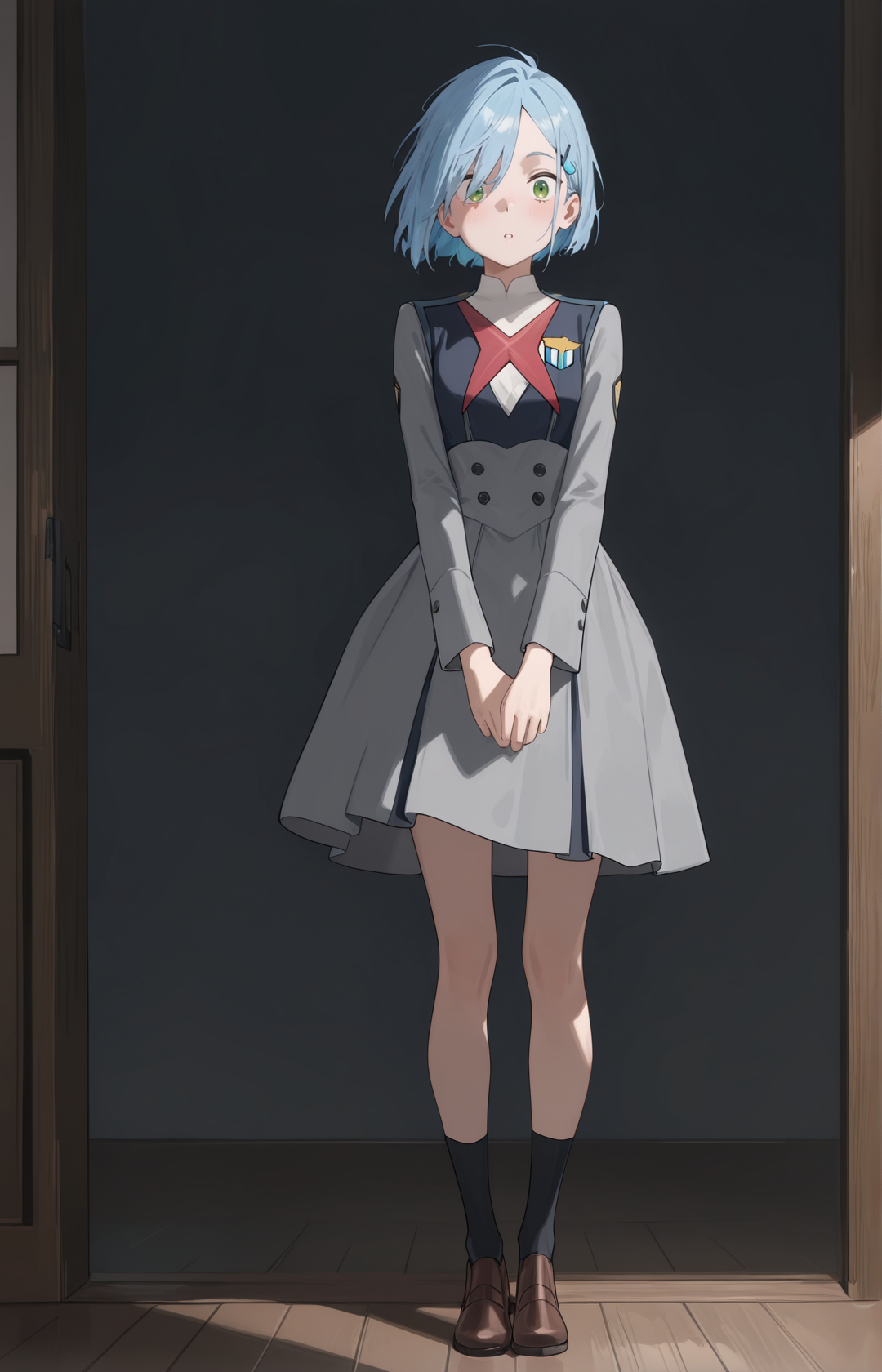 perfect quality,high quality,masterpiece,best quality,amazing quality,very aesthetic,absurdres,Cinematic Lighting,newest,
front view,full_shot,Surprise,
IchigoCYQL,1girl,solo,blue hair,short hair,green eyes,hairclip,hair ornament,hair over one eye,uniform,military uniform,dress,grey dress,long sleeves,socks,black socks,shoes,brown footwear,
full body,standing,v_arms,,
lightblue background,simple background,
<lora:spo_sdxl_10ep_4k-data_lora_webui:0.5>,<lora:EtherSDXL:0.6>,EtherStyle,<lora:illustrious_quality_modifiers_masterpieces_v1:0.7>,<lora:IchigoCYQL:1>,