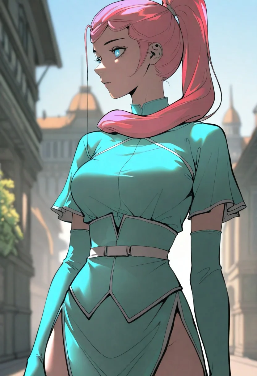 masterpiece, best quality, amazing quality, very aesthetic, absurdres, longyuyin, 1girl, solo, long hair, high ponytail, pink hair, blue eyes, breasts, outfit2, gloves, elbow gloves, mineral green dress, skirt, side slit, colorful, cinematic atmosphere, high contrast, blurry background, outdoors,