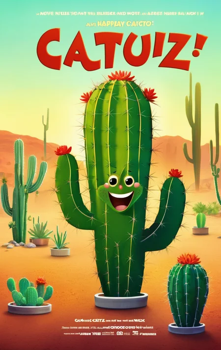 Cartoon of a happy cacto, with title "Cactuz" on it
,Movie Poster, MoviePosterRedAF,
,<lora:MoviePosterRedAFConfig4DebiComTE:1>