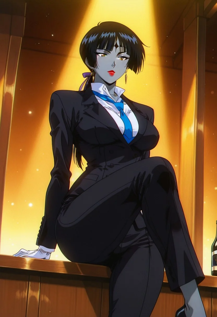 LuluBellDGR, 1girl, solo, colored skin, grey skin, facial marks, black hair, long hair, blunt bangs, ponytail, hair ribbon, yellow eyes, sunglasses, lips, red lipstick, formal suit, pant suit, black jacket, white shirt, blue necktie, large breast, white gloves, black pants, black shoes, thick thighs, high heels,
,seductive pose, sexy pose, tease,
masterpiece, best quality, fine details, intricate details, depth of field, subsurface scattering, bokeh,
ultra-detailed, very aesthetic, detailed background, newest, scenery, highres, absurdres, colorful, vibrant, glowing, perfect face, 2d, perfect eyes, vibrant saturated colors, volumetric lighting, sharp, detailed eyes, perfect anatomy, perfect face, perfect eyes, mature body, clear eyes, beautiful eyes, athletic, curvy body, athletic girl, perky tits, perfect tits, round breasts, pinup pose, teasing, lustful expression, perfect hands,
muscular female, dutch angle,
loose necktie, collared shirt, pants, bar /(place/), sitting, prostitution, knee up,
,Smooth Negative, Smooth_Quality,
90s_anime_aesthetic, 1990s (style), retro, retro artstyle