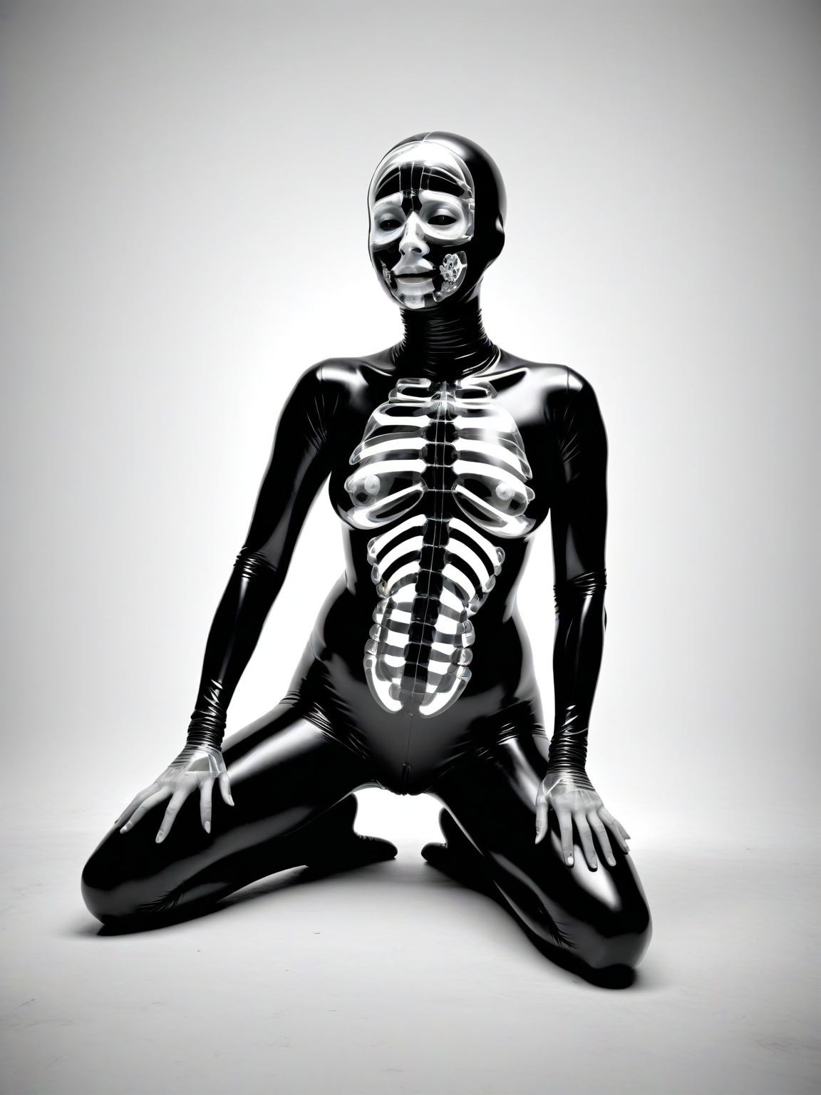 woman arms behind head, body leaning forward slightly, legs crossed, thoughtful and relaxed body language, wearing rubber gimp suit, grotesque, abstract, x-ray art, <lora:DeconDada-000008:0.7>