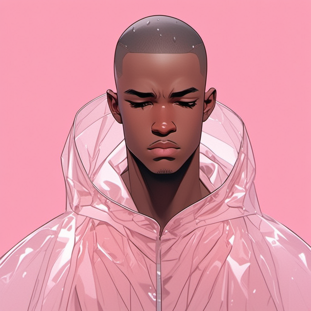 chillflat,(1boy:1.7),young African prince,(crying),(blush),(futuristic transparent raincoat:1.5),(slender full body:1.5),(opened mouth:1.9),(very short buzzcut hair),(simple background),(abdominals),(opened mouth:1.3),(detailed face),(dynamic pose:1.9),gaze,cozy and elegan,(shot from distant),(half naked:1.3),(best quality,highres,masterpiece:1.5),
