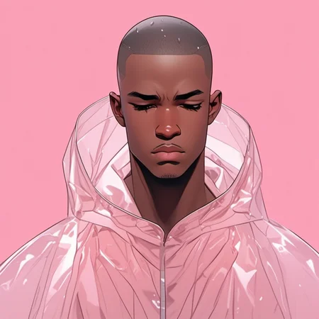 chillflat,(1boy:1.7),young African prince,(crying),(blush),(futuristic transparent raincoat:1.5),(slender full body:1.5),(opened mouth:1.9),(very short buzzcut hair),(simple background),(abdominals),(opened mouth:1.3),(detailed face),(dynamic pose:1.9),gaze,cozy and elegan,(shot from distant),(half naked:1.3),(best quality,highres,masterpiece:1.5),