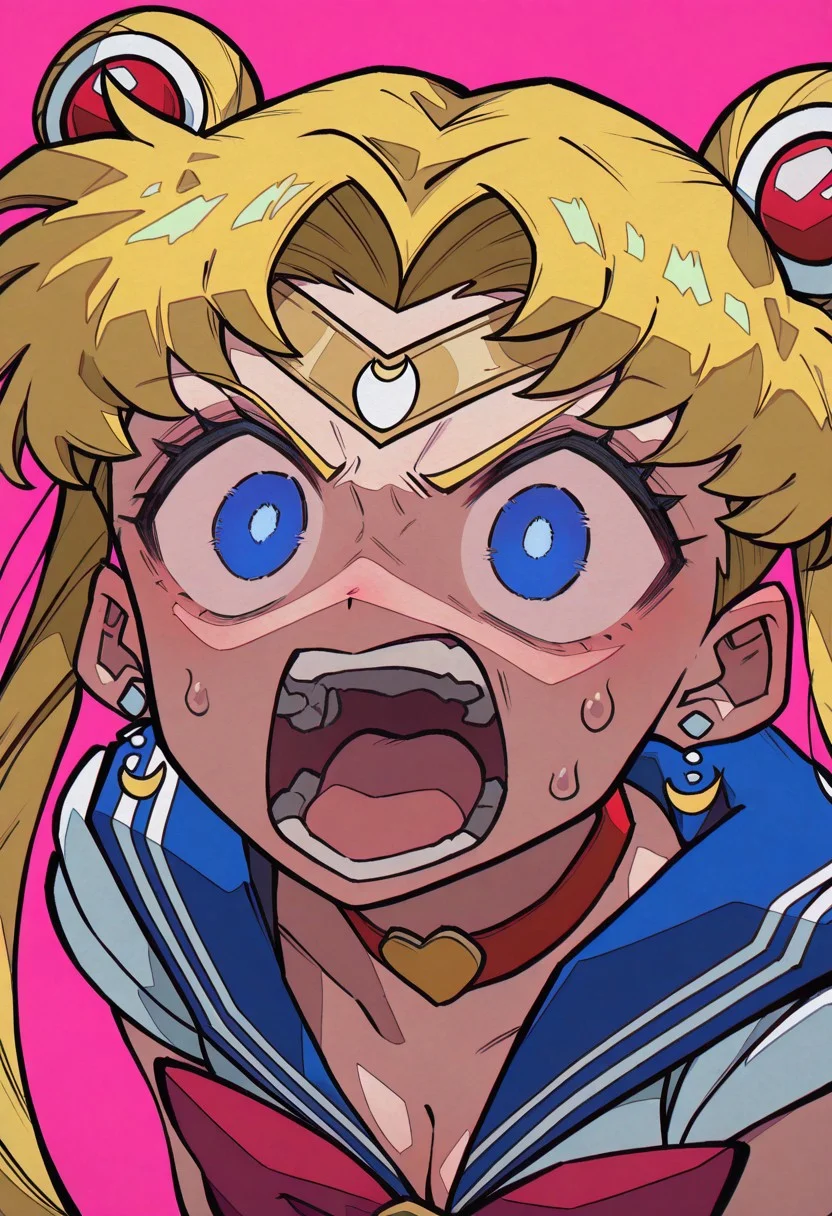 masterpiece, best quality, amazing quality, very aesthetic, absurdres, newest, Yaya Artstyle, fisheye view.
sailor moon, blonde hair, blue eyes, open mouth, aggressive, surprised, angry.
pink background