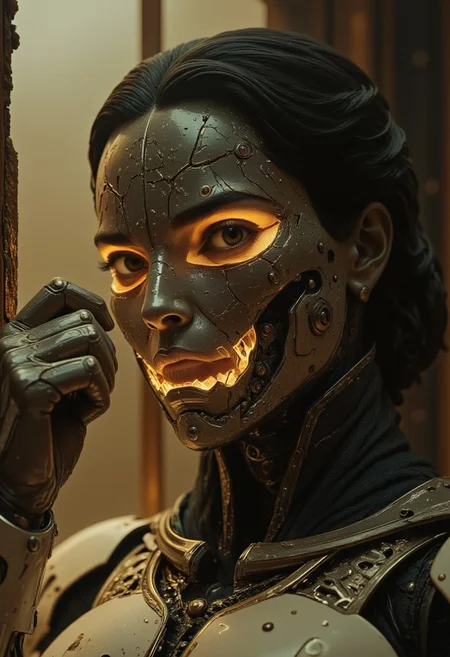 Hand Up stance, Fight stance, Action Pose—an intense, photorealistic cinematic shot. Extreme close-up of an edgy mech-girl in a desolate, dust-filled dystopia. She stands before a cracked, grime-covered window, faded golden-gray light piercing through, illuminating drifting ash and debris. One side of her face is peeling away, revealing the intricate mechanical framework beneath—delicate servos and polished metal glinting under the dim glow. Translucent sss Visor, Her deep brown eyes, distant yet intense, reflect the weight of survival. Dark strands slip from her loosely tied bun, brushing against the high-collared, battle-worn mech suit clinging to her frame. Its scarred plating, worn black-grey-white with deep rust, tells a story of struggle. The air is thick with decay, yet something in her presence remains undeniably human. Cinematic lighting etches every detail in sharp relief, hyperrealistic textures captured with macro precision, DSLR clarity at 64MP resolution.