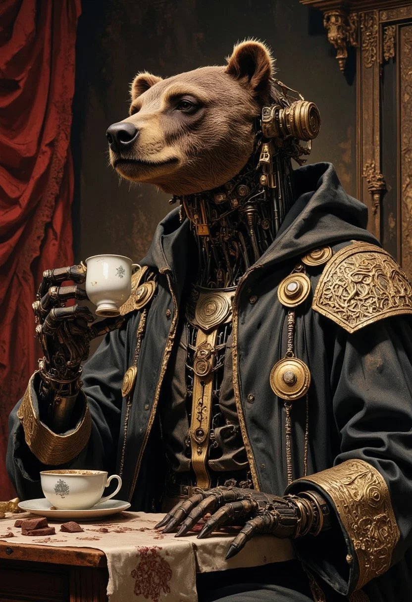 masterpiece, best quality, create a detailed oil painting in a dark fantasy style featuring a cyborg bear robot dressed in traditional Russian attire. The bear should be holding an ancient teacup in one paw and a chocolate bar in the other. Incorporate techniques from digital portrait art and fantasy illustration, using digital airbrushing to enhance the details. The artwork should be inspired by the Renaissance, showcasing realism and the qualities of portrait photography. Focus on creating a captivating and imaginative portrayal of this unique character, Cinematic, beautiful, vibrant, masterpiece, 32k, ultra HD, ultra-detailed, amazing quality, amazing artist, sharp edges, detailed textures, full view, atmospheric lighting, amazing visuals