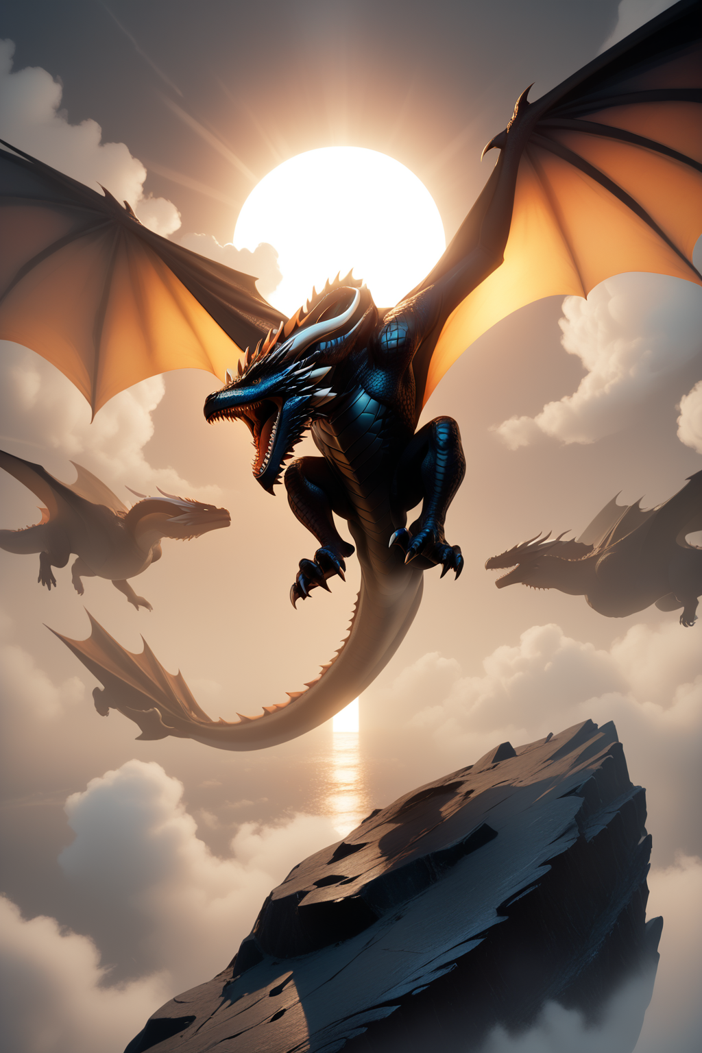 score_9, score_8_up, score_7_up, masterpiece, high quality, BREAK
 <lora:DragonPonyLora:1>dragon, teeth, sharp teeth, open mouth, wings, black scales, horns, claws, tail, sky, cloud, flying, cloudy sky, spikes, monster, on a rock, sun down, dark, silhouette, from front, dark sky, sun, wings closed
