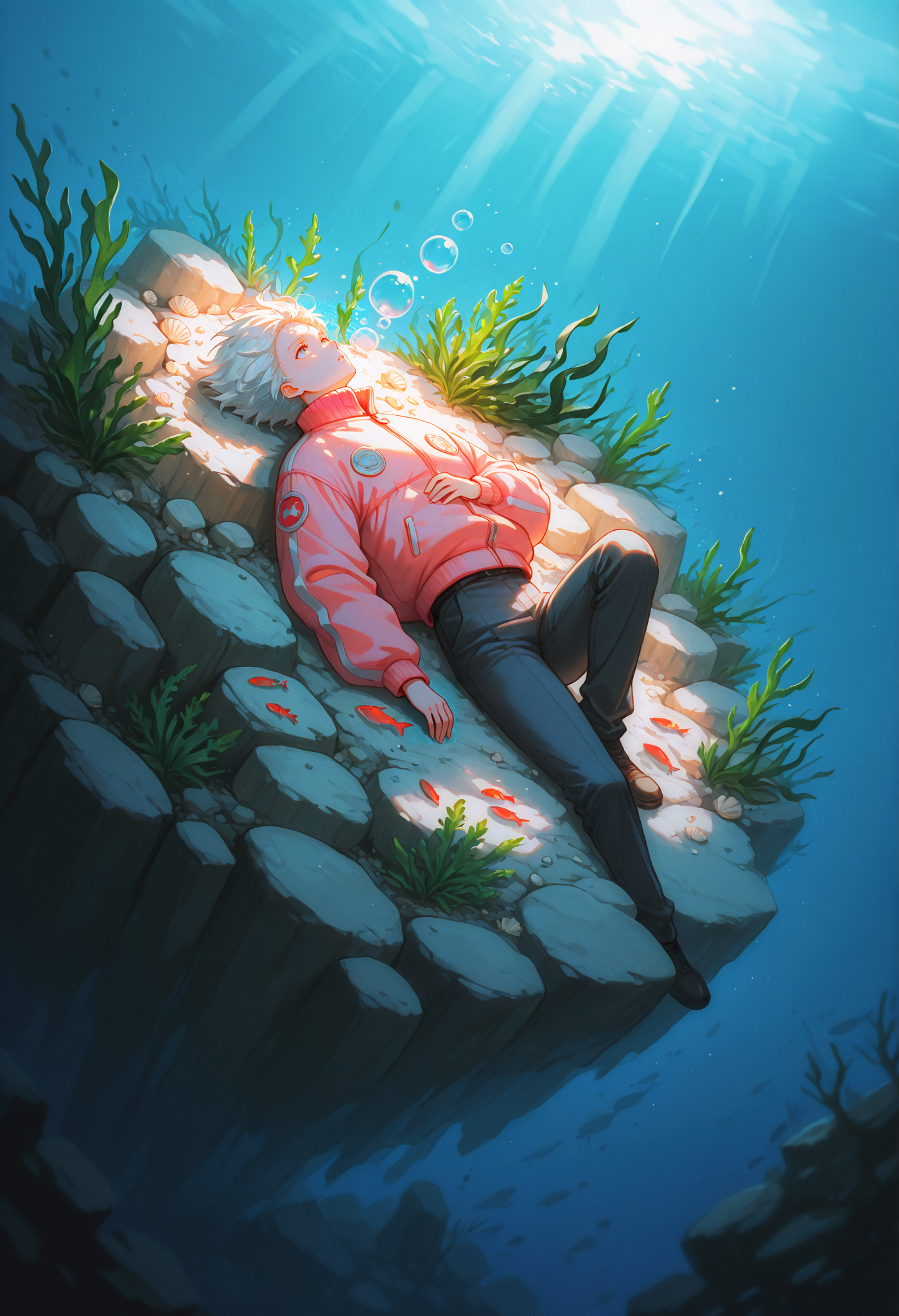 painterly,traditional media,low quality,pastel colors,blending,(no lineart),glow,
1boy,white hair,short hair,spiky hair,parted lips,pink bomber jacket,cream slacks,lying down,one knee up,submerged,buried,looking up,bubbles,fish,visible breath,
ocean,seaweed,rocks,shells,fish,haze,floating hair,god rays,light particles,depth of field,from above,dynamic angle,
incredibly absurdres,highres,