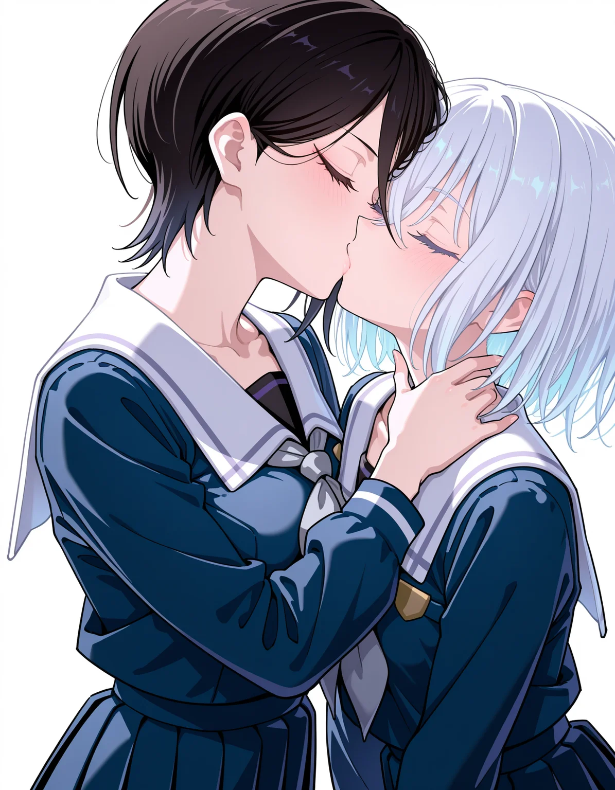 <lora:Morfonica_noobXL:1>, yashio rui, kurata mashiro, white hair, black hair, closed eyes, 2girls, tsukinomori school uniform, school uniform, pleated skirt, long sleeves, white sailor collar, serafuku, collarbone, blush, grey neckerchief, white background, kiss, upper body, (yoneyama mai:0.5), (fkey:0.4), very awa, masterpiece, best quality, highres, absurdres, newest,