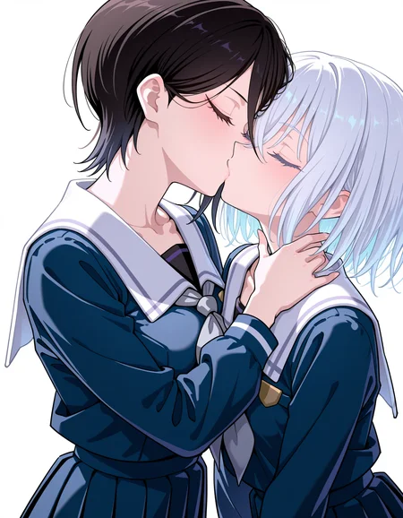 <lora:Morfonica_noobXL:1>, yashio rui, kurata mashiro, white hair, black hair, closed eyes, 2girls, tsukinomori school uniform, school uniform, pleated skirt, long sleeves, white sailor collar, serafuku, collarbone, blush, grey neckerchief, white background, kiss, upper body, (yoneyama mai:0.5), (fkey:0.4), very awa, masterpiece, best quality, highres, absurdres, newest,
