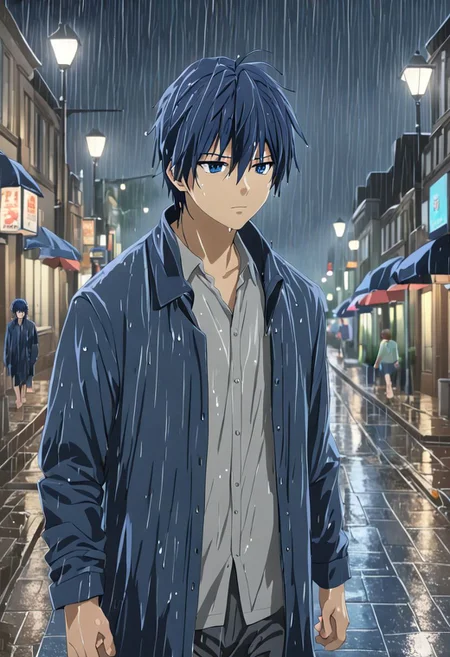 Anime Style, easynegative, detailed_eye_model, Highres, Masterpiece, High Quality, 4K, 8K, solo, 1boy, Tomoya Okazaki, Deep Blue Eyes, Grey Blue Hair, walking, soaking wet, street lights, heavy rain, main street sidewalk, wet hair, tired, frustrated, broken umbrella