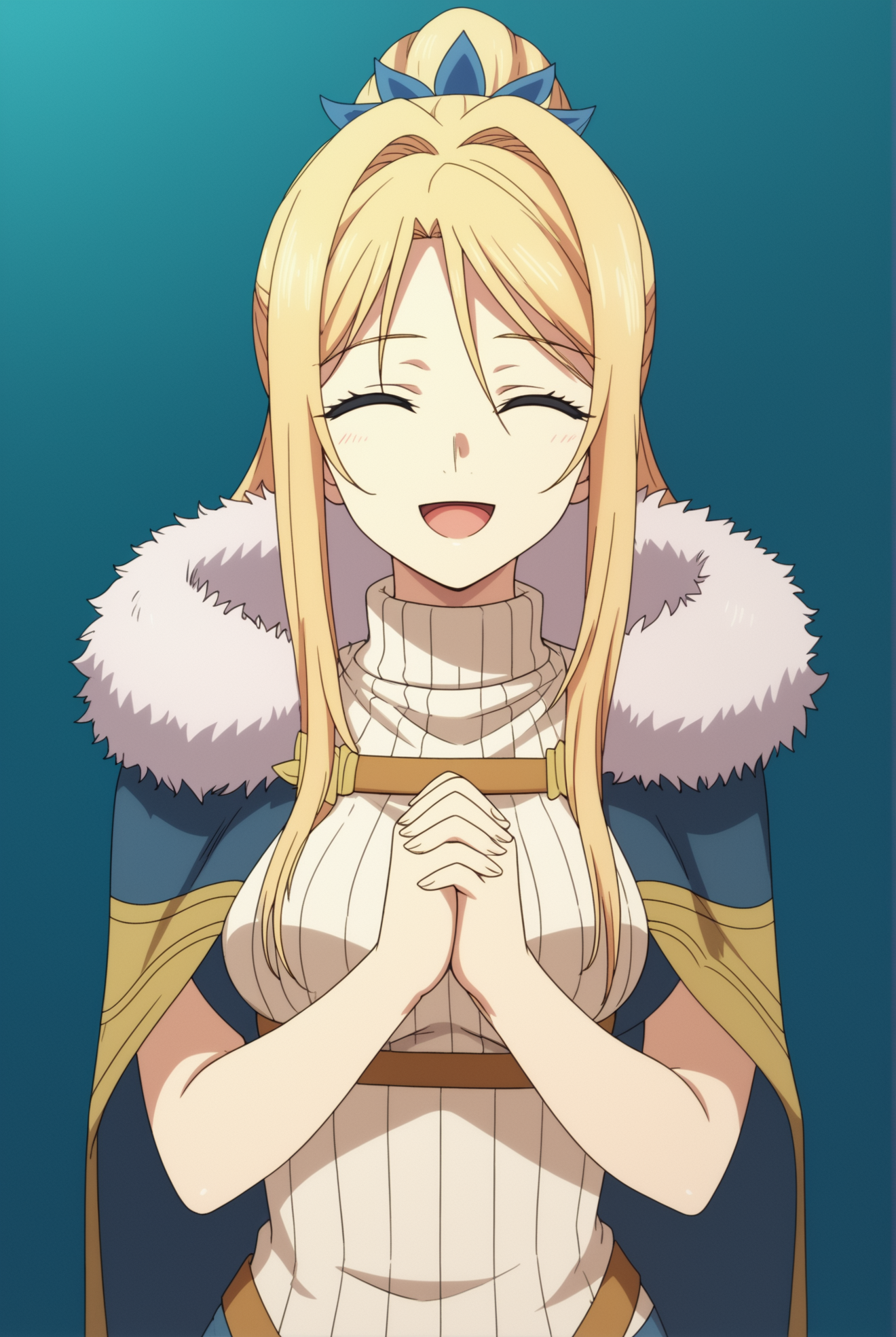 <lora:Chloe:0.8>, white background, Chloe, 1girl, solo, breasts, smile, open mouth, simple background, upper body, closed eyes, sweater, fur trim, blue background, own hands together, ribbed sweater
