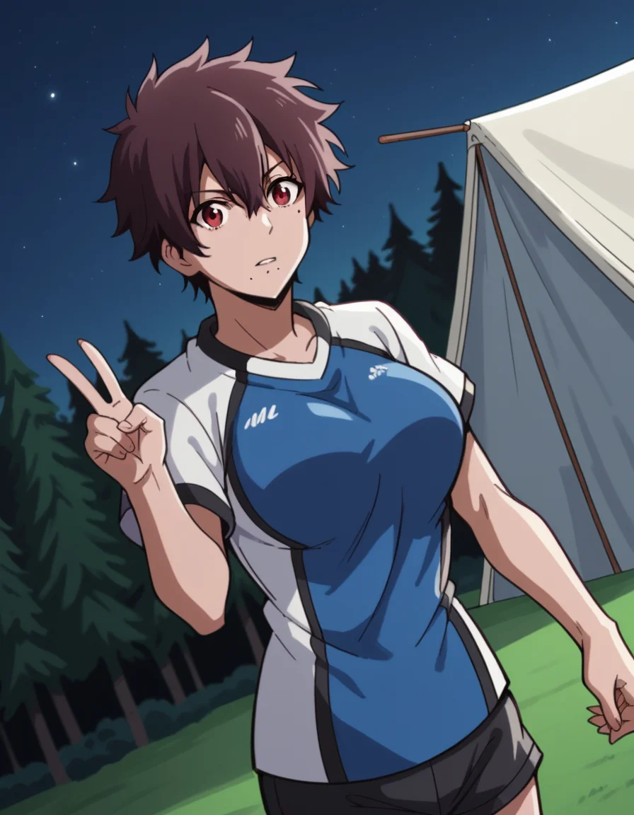 score_9, score_8_up, score_7_up, source_anime, <lora:nagisa-aragaki-s1-ponyxl-lora-nochekaiser:1>, nagisa aragaki, short hair, large breasts, brown hair, red eyes, brown eyes, mole, mole under mouth, tomboy, shirt, shorts, sportswear,, camping, bonfire, tent, stargazing, marshmallows, forest clearing, night, , looking at viewer, v, v over eyes,, solo,, dutch angle, cowboy shot