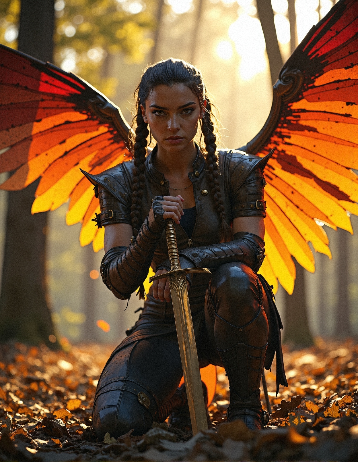 A fearless female warrior kneeling on one knee in the heart of a tranquil forest, her fiery orange and red wings folded partially behind her, framing her figure dramatically. She’s clad in rugged leather armor with gilded patterns, her hand gripping the hilt of a golden sword plunged into the ground for support. Her gaze is intense, eyes narrowed with focus, her braids flowing slightly in the soft breeze. The forest around her is serene, with golden sunlight filtering through the canopy, illuminating the details of her armor and wings. The camera captures her from a low angle, emphasizing her powerful yet graceful presence.
 <lora:FluxDFaeTasticDetails:0.3> <lora:Comic_Style_-_FLUX:0.7000000000000001>