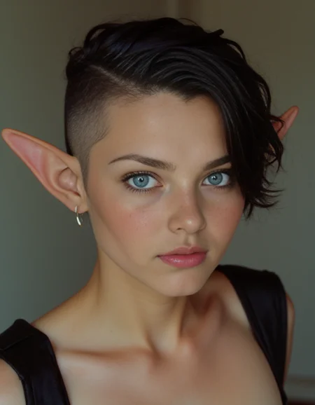 aibell_sr,c41_hasselblad_portra400_FLUX, instagram photo an 20 y.o. elf woman, happy & natural beauty, She has fair pale skin, short black hair with a shaved side undercut, longer strands falling to her chin, and striking blue eyes. Her long, pointed elven ears are sharply detailed, film grain, soft shadows <lora:Aibell_flux:1.1>, <lora:c41_hasselblad_portra400_FLUX:0.75>