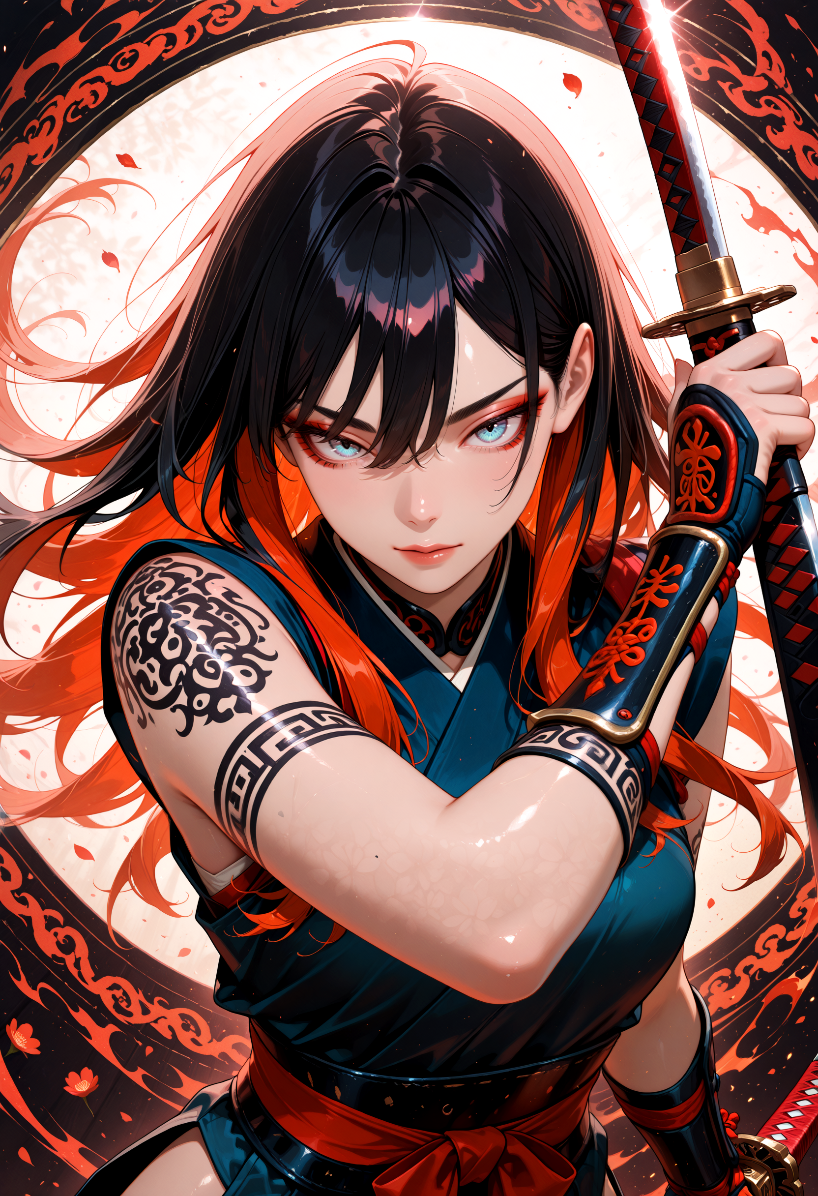 lazympos, adult,
1woman, newest,absurdres,incredibly absurdres, very aesthetic,
8K, depth of field, focused subject, medium close up, stylized, japanese art style, wabi-sabi, henna and carmine, neon, sexy, erotic japanese female warrior, holding katana, dramatic pose, limited palette, realistic