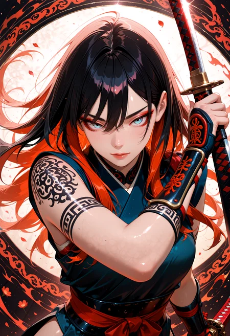 lazympos, adult,
1woman, newest,absurdres,incredibly absurdres, very aesthetic,
8K, depth of field, focused subject, medium close up, stylized, japanese art style, wabi-sabi, henna and carmine, neon, sexy, erotic japanese female warrior, holding katana, dramatic pose, limited palette, realistic