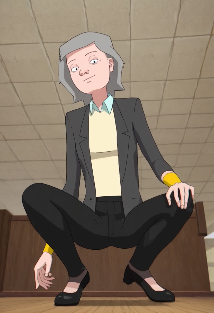 leslie_gahd, 1girl, gilf, wrinkles, short grey hair, small black eyes, yellow bracelets, brown office blazer (white collar piece, cream shirt), black pants, black ballerina, score_9_up, score_8_up, score_7_up, BREAK, 1girl, solo, from below, head tilt, horny, crouching, ninja pose, spreading legs, looking at viewer, ultra detailed, detailed background, office, masterpiece, best quality, 8k, Expressiveh,