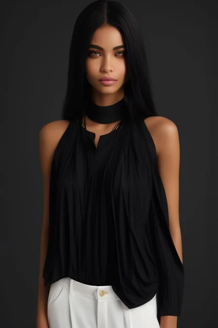 masterpiece,best quality,ultra_detailed, bellissima , dark background, 1girl wearing a black tank top, collared shirt, white pants Armani style, realistic
