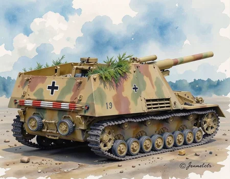 A watercolor of a German self-propelled gun resupplying with ammunition. An atmospheric scene of relief during a fierce battle, conversation, debris, smoke in the distance. <lora:FluxWatercolor:0.8> Jedwtclr, watercolor, <lora:hummellate:0.9>hummellate,
This is the WWII German self-propelled gun, the "Hummel".View from the right rear.no humans.spare wheel and bucket are attached to the rear of the vehicle.Crawler, body is dark yellow with a dark green and red-brown camouflage paint scheme.wheels.Coniferous branches are attached to the sides of the vehicle for camouflage.German identification mark of a cross.