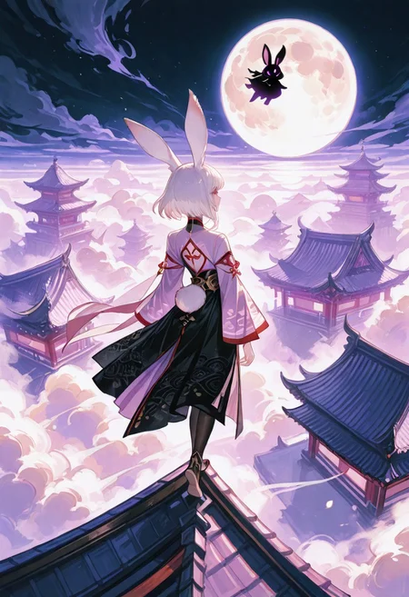 masterpiece, best quality, amazing quality, very aesthetic, absurdres, newest, A beautiful traditional Chinese woman gracefully stands on the clouds at the edge of the roof, Walking on the clouds, her elegant silhouette outlined against the dark night sky., She gazes up at the full, round moon that illuminates the heavens with a soft, ethereal glow. Her delicate hanfu, embroidered with intricate patterns, flow gently in the night breeze, catching the faint light of the moon.
BREAK
Wererabbit, rabbit ears, fluffy, uncensord, droopy ears, from above,