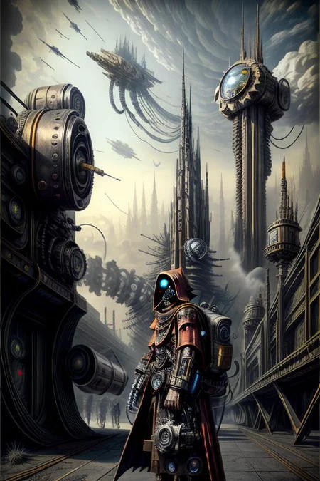 ((masterpiece,best quality)), absurdres, BREAK
mechanical arms, black robes, hood, BREAK
((techpriest)), cyborg, mechanical face, mechanical limbs, gas mask, mechanical tentacles, (mechanical backpack), BREAK
1other, solo, holding pistol, firearm, handgun, pistol, gun, BREAK
factory background, smoggy sky, air pollution, smokestacks, BREAK
(1970retrofuturism),