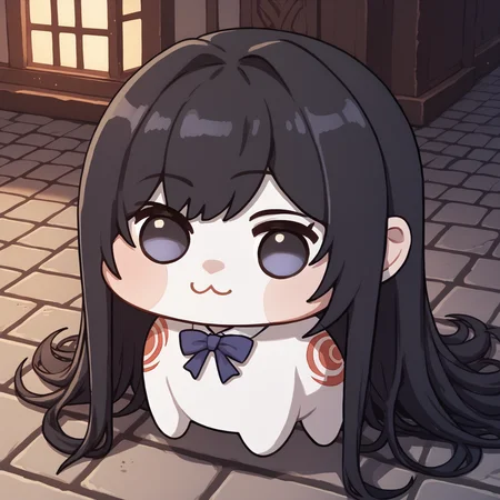 score_9, score_8_up, score_7_up, source_anime,  <lora:Doro_X_PDXL_V1:1> doro, creature, chibi, :3, white skin, <lora:ShanoaCV-pdxl:0.77> shanCV, long hair, black hair, tattoo, blue bowtie, cobblestone, night