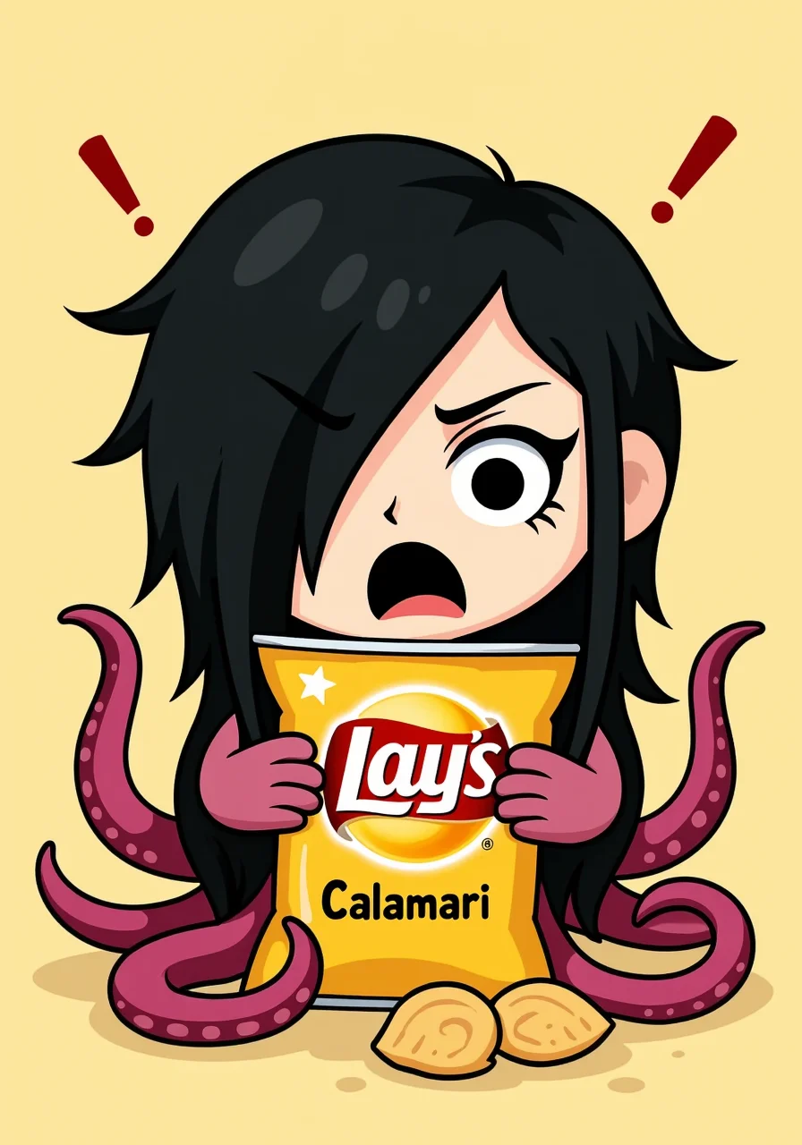 She has a distinctive 2000s scene/emo haircut: thick, sharply angled bangs that sweep across one eye, with long layered strands and long sidelocks that drape in front of her shoulders. Her eyes are framed by bold black winged eyeliner.a cute octopus with an open bag of "Lays" chips with text "Calamari" on chips bag, with some chips spilled out. the octopus is screaming in horror at the bag of chips with two of it's tentacles pressed up to it's face, it has cute round black eyes and a screaming mouth, there are exclamation marks above it's head<lora:2000s_Scene_Emo_Hair.safetensors:1.0:1.0>